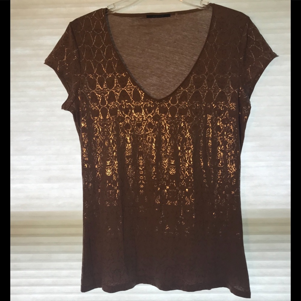 ELIE  TAHARI  Brown with Silver Foil Scroll Top
